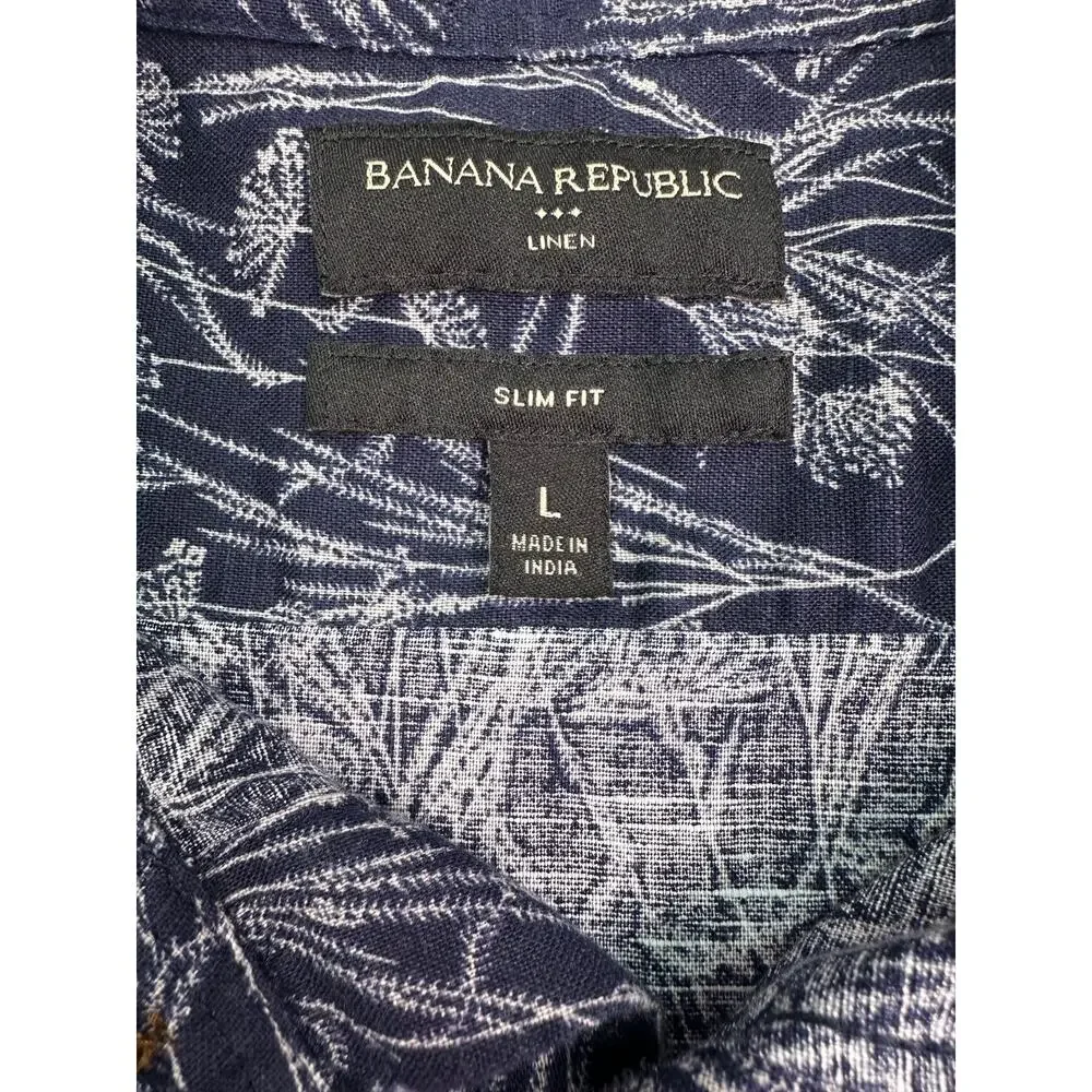 Banana Republic Blue & White Linen Floral Slim Fit Button Up Shirt Size L